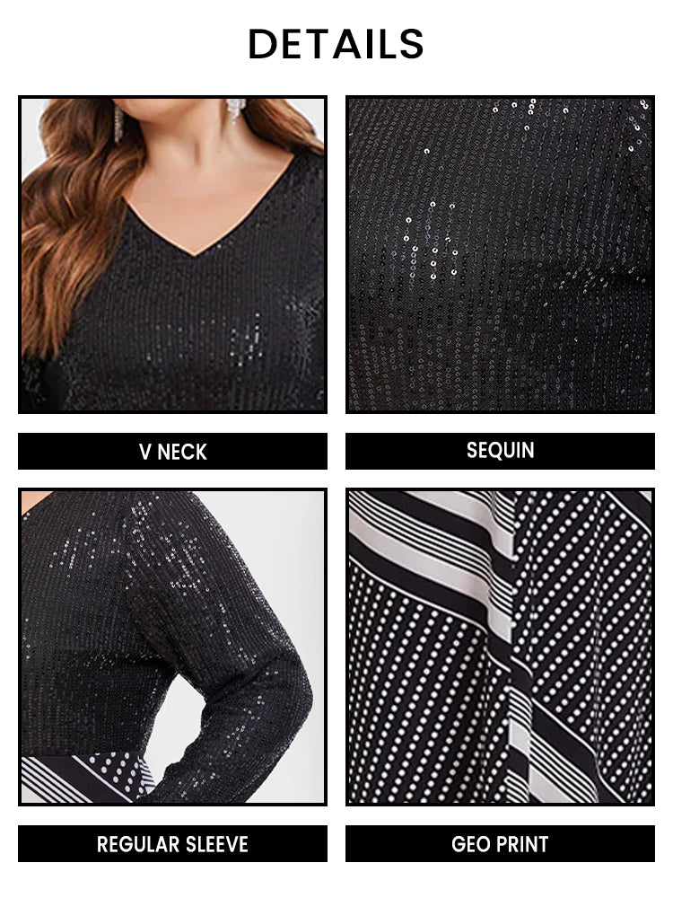 Vip Geo Print & Contrast Sequin Maxi Dress for Women - gallery