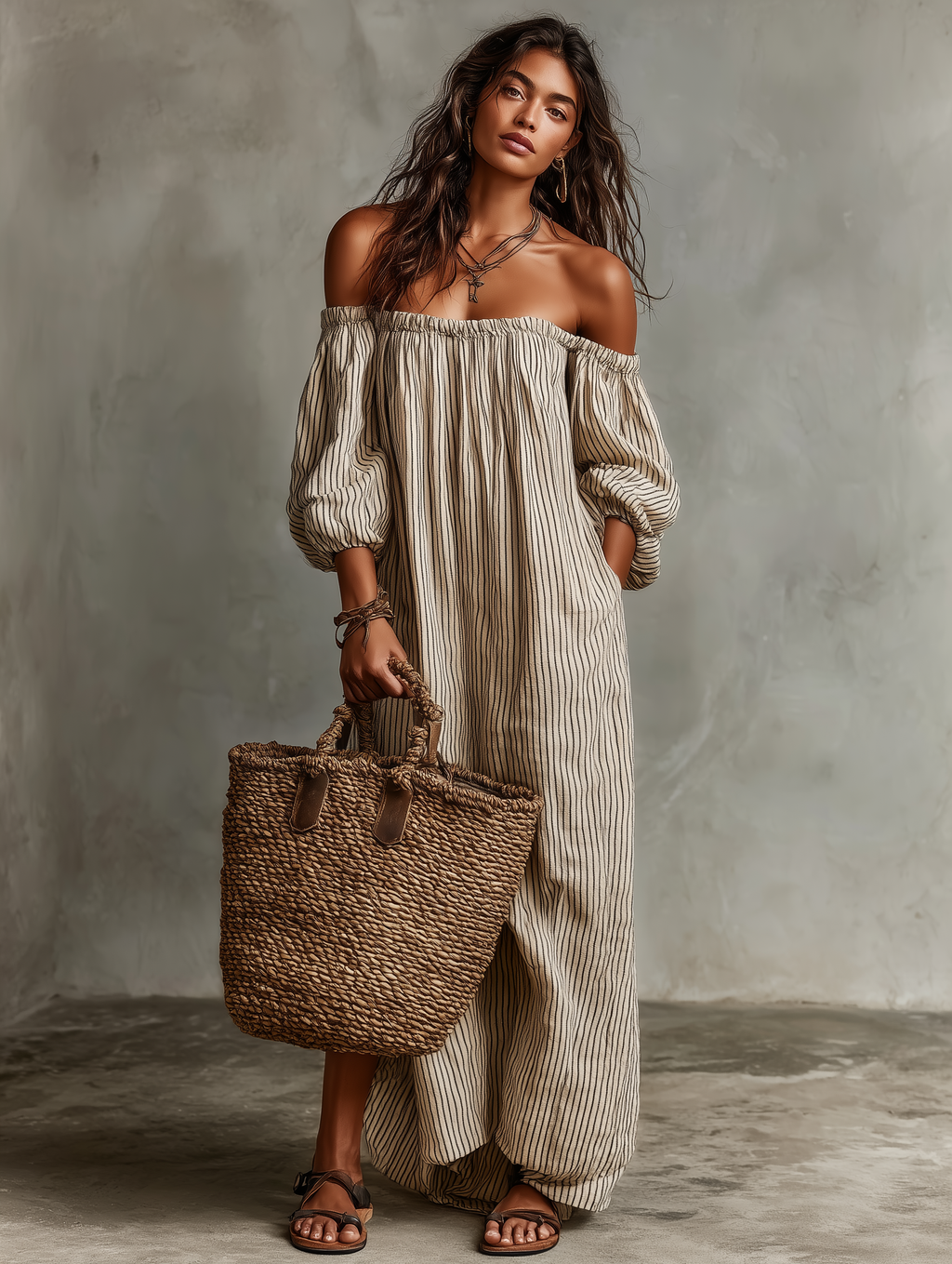 Loose Cotton-Linen Off-Shoulder Long Sleeve Maxi Dress for Women - Photo Color