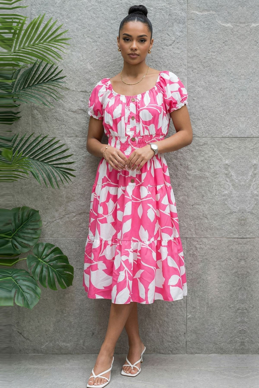 Abstract Botanical Print Elasticated Tiered Dress