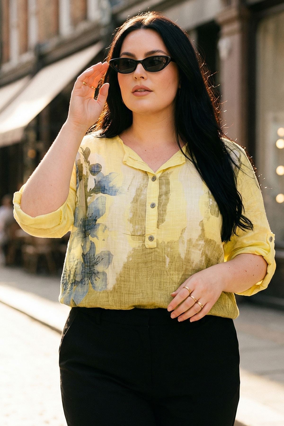 Abstract Floral Button Detail Tunic Cotton Top — gallery