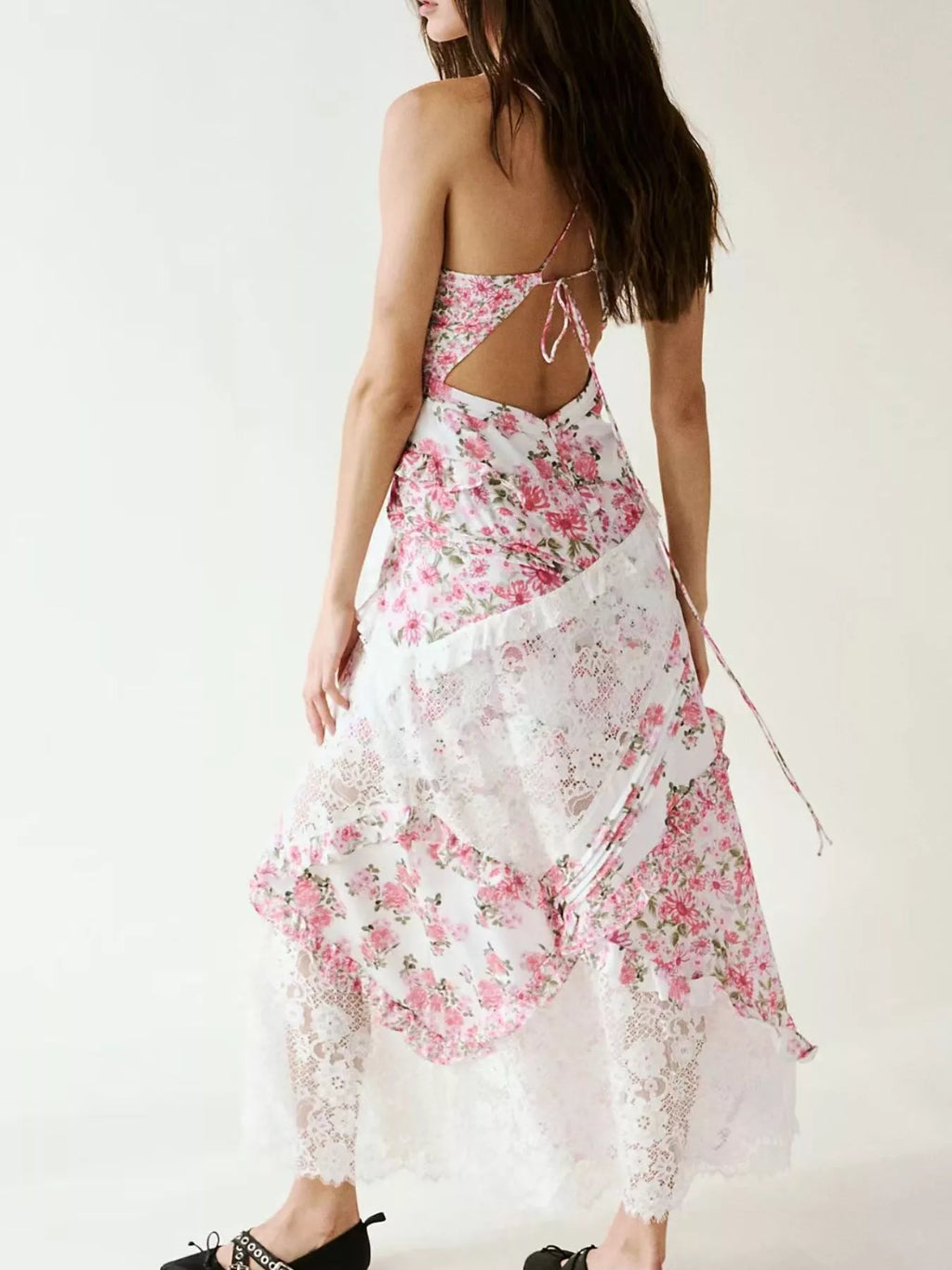 Lace Floral Ruffle Trim Maxi Dress for Women - gallery