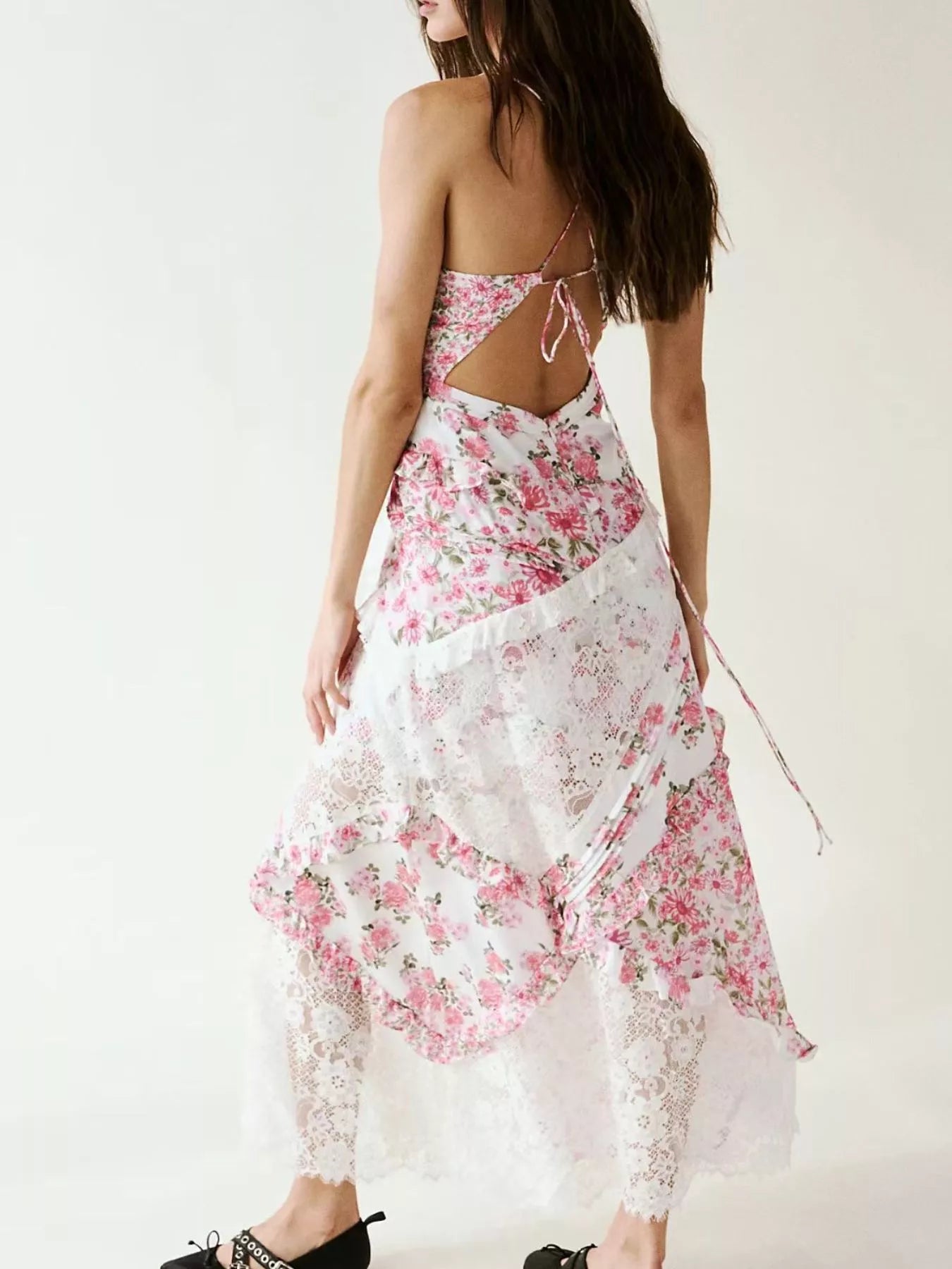 Lace Floral Ruffle Trim Maxi Dress for Women - gallery