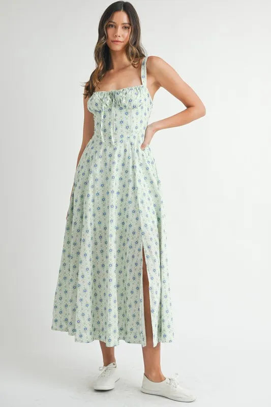 Floral Print Bustier Lace-Up Midi Dress for Women