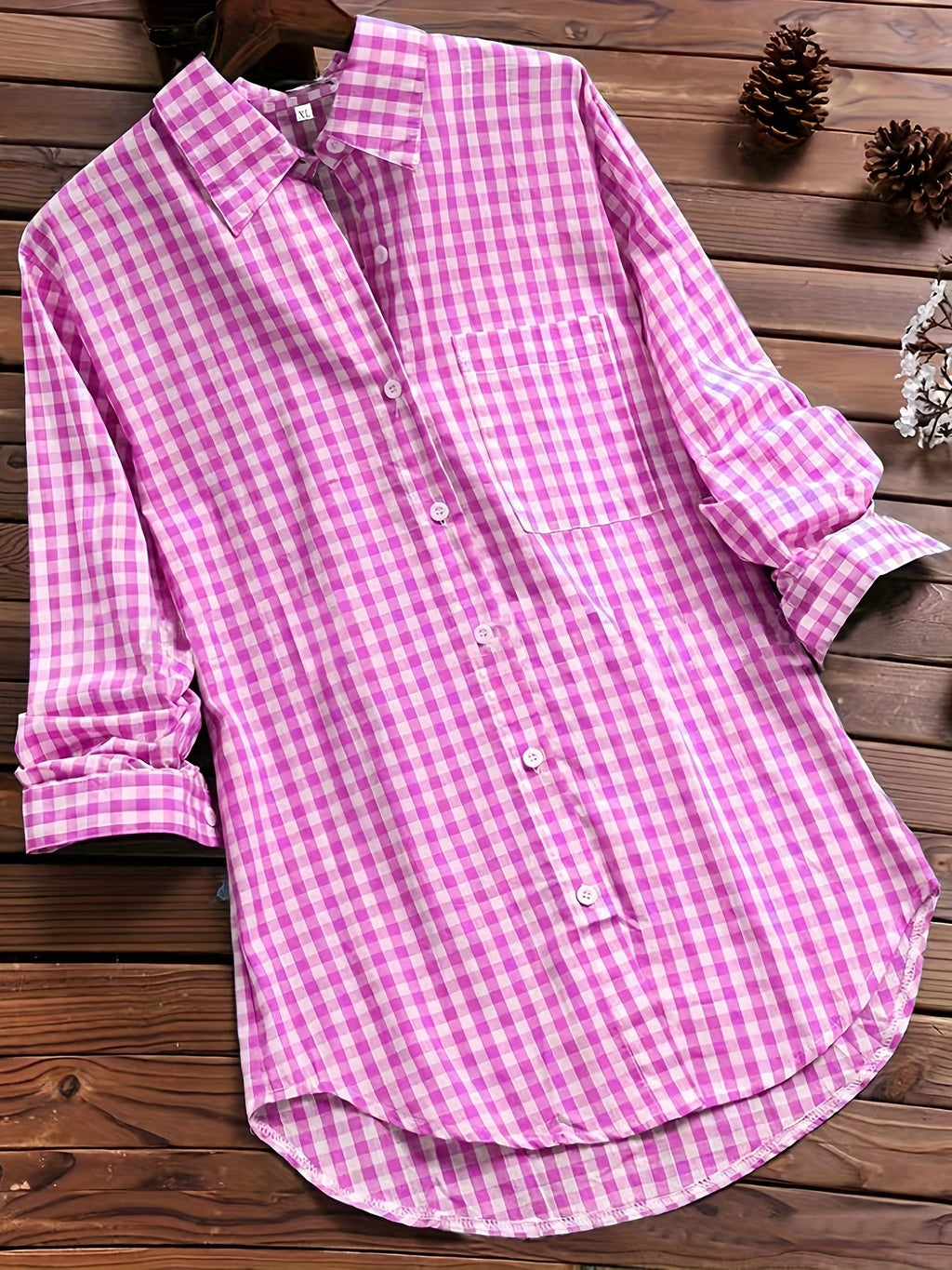 Gingham Print Long Sleeve Shirt Top for Women - gallery