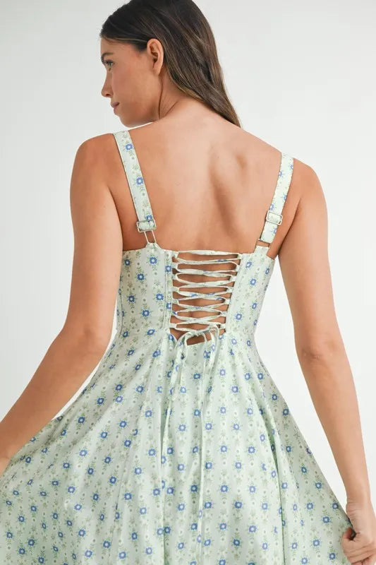 Floral Print Bustier Lace-Up Midi Dress for Women - gallery