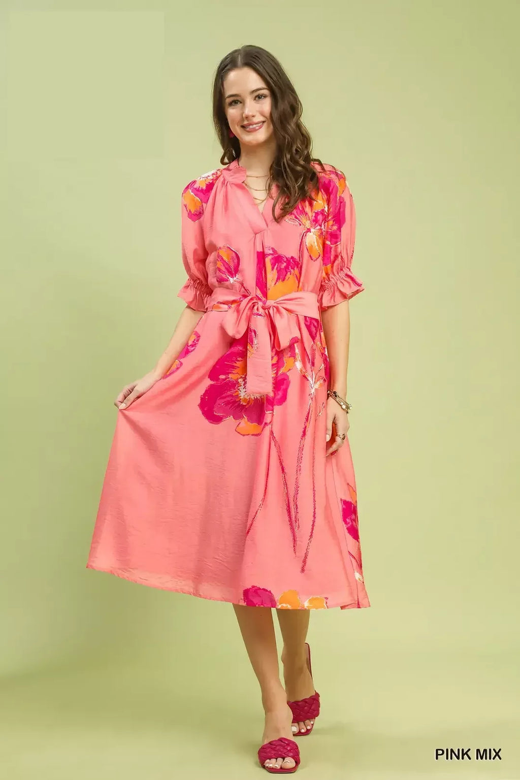 Floral Flounce Sleeve Belted Midi Dress for Women — Boho - gallery