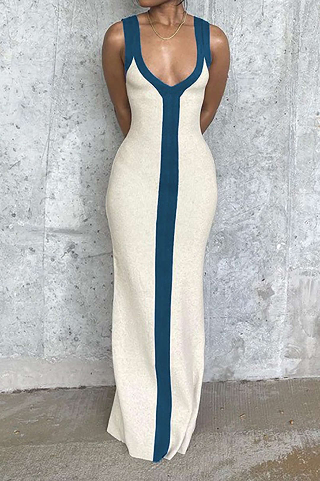 Colorblock V-Neck Ribbed Split Maxi Dress for Women