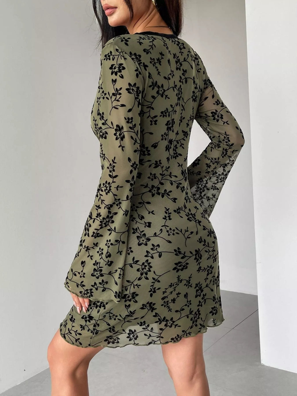 Floral Print Flare Sleeve Mini Dress for Women - gallery