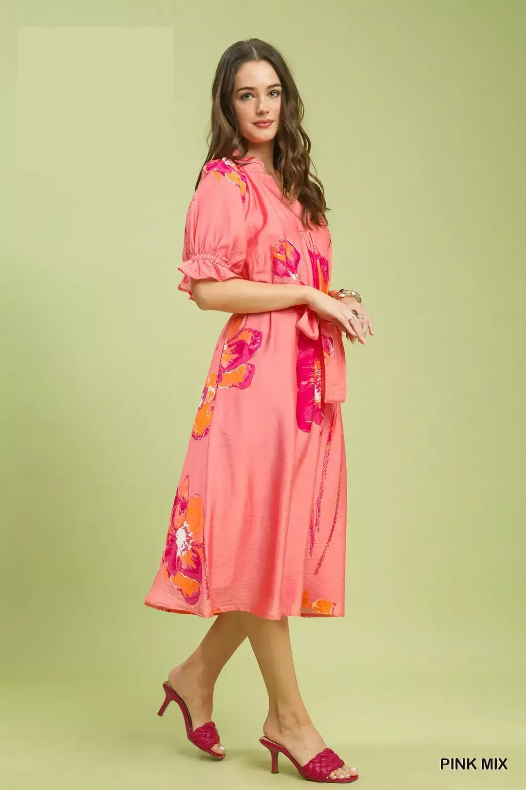 Floral Flounce Sleeve Belted Midi Dress for Women — Boho - gallery