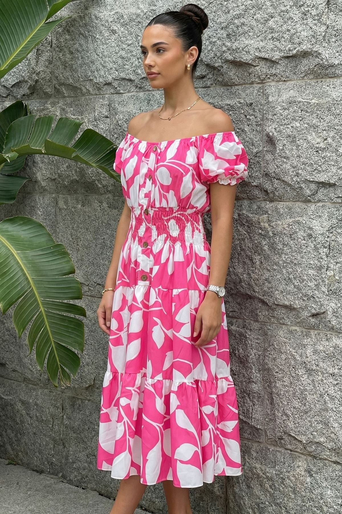 Abstract Botanical Print Elasticated Tiered Dress — Fuchsia