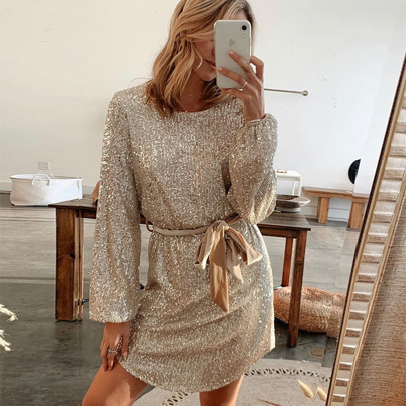 Elegant Beige Glitter Evening Gown for Special Occasions