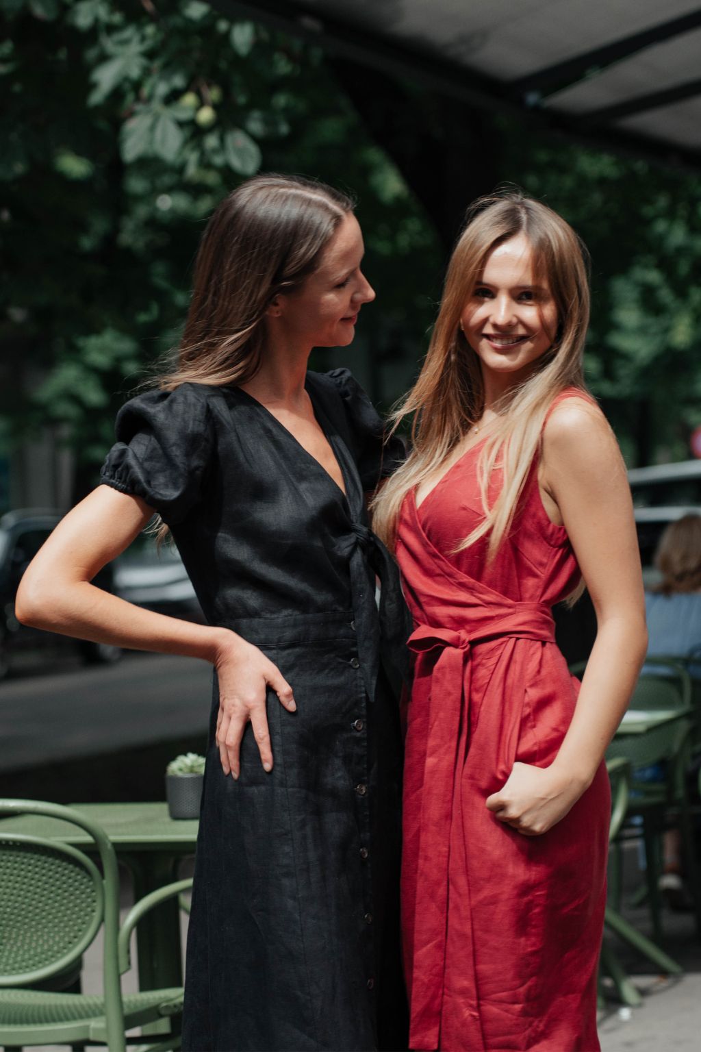 Black Linen Dress for Women — Puff Sleeves and Front Tie Knot - gallery