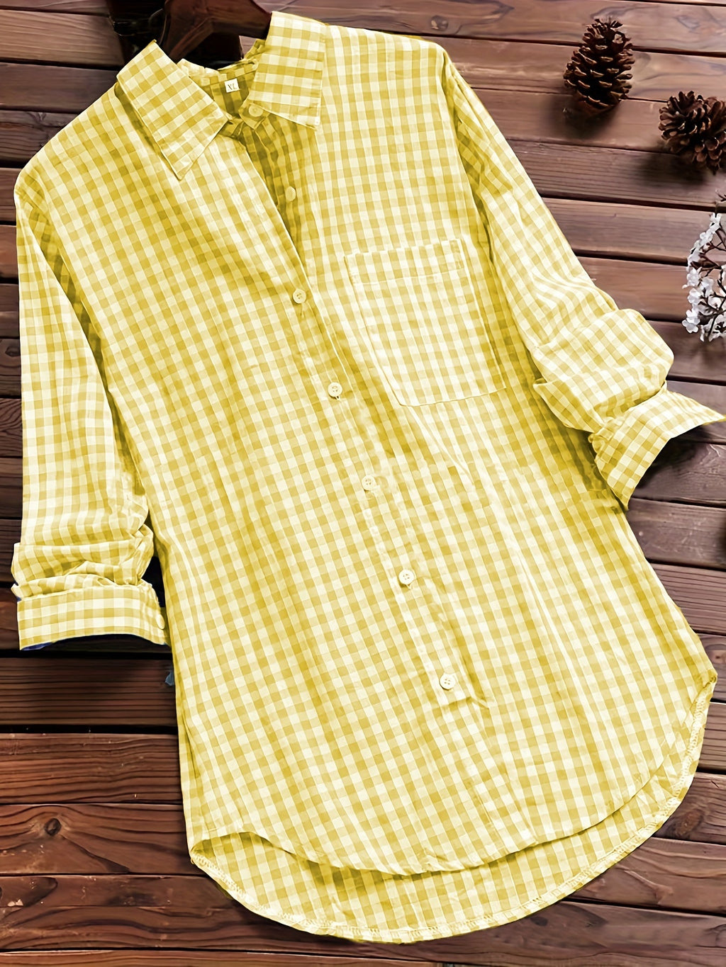 Gingham Print Long Sleeve Shirt Top for Women - gallery