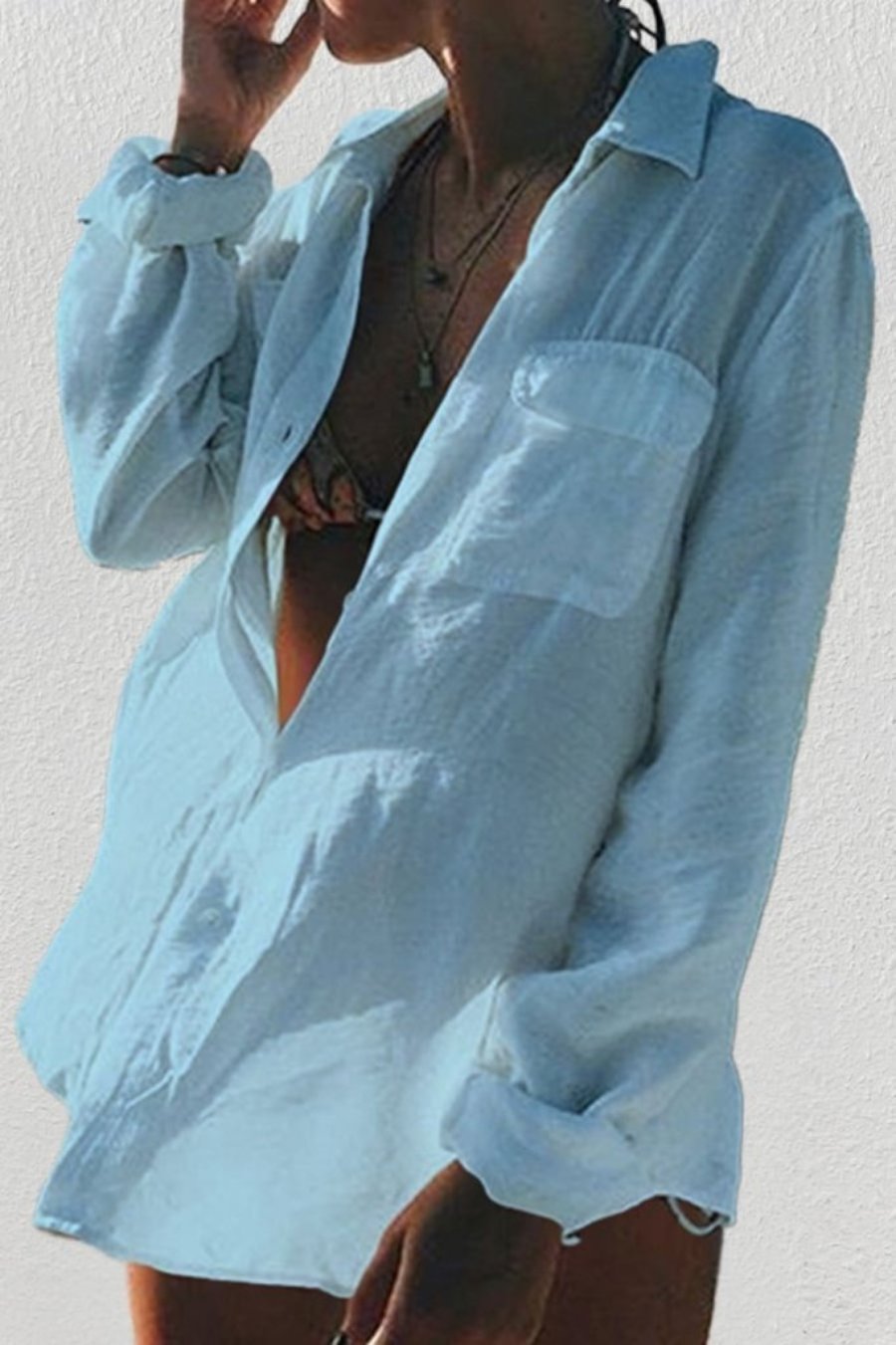 Wrinkle Texture Button-Down Beach Cover-Up Top - gallery