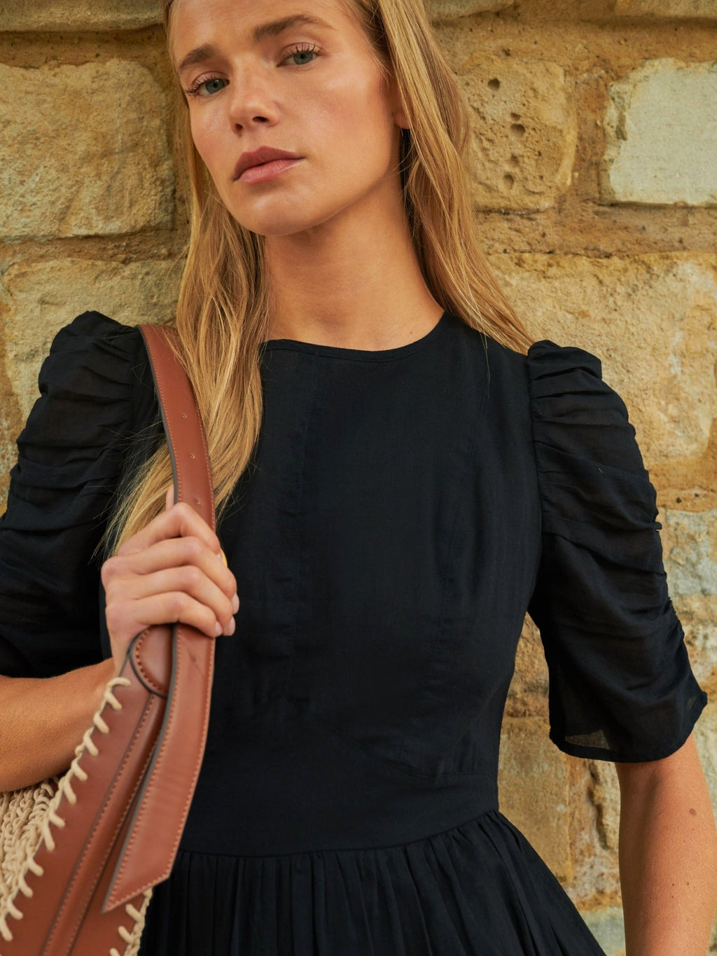 Black Cotton Puff Sleeve Midi Dress — gallery