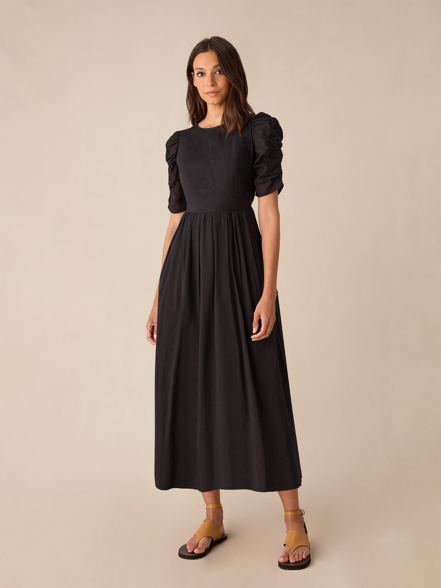 Black Cotton Puff Sleeve Midi Dress — gallery