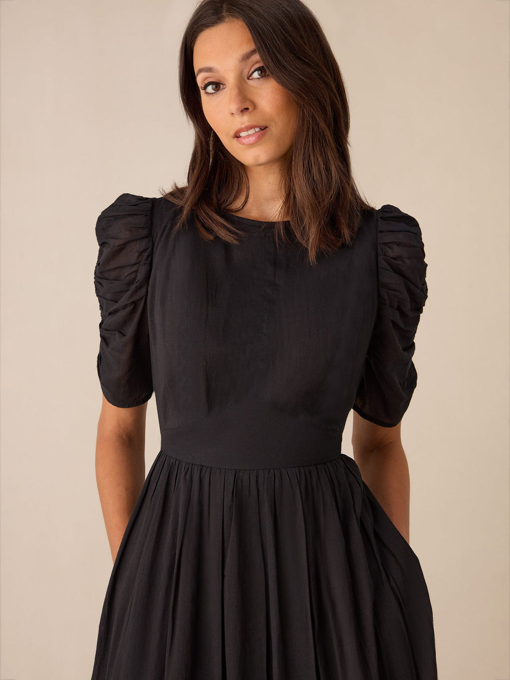 Black Cotton Puff Sleeve Midi Dress — gallery