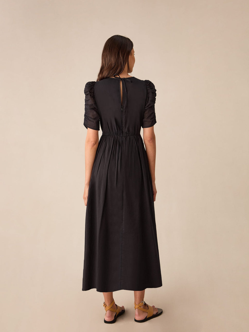 Black Cotton Puff Sleeve Midi Dress — gallery
