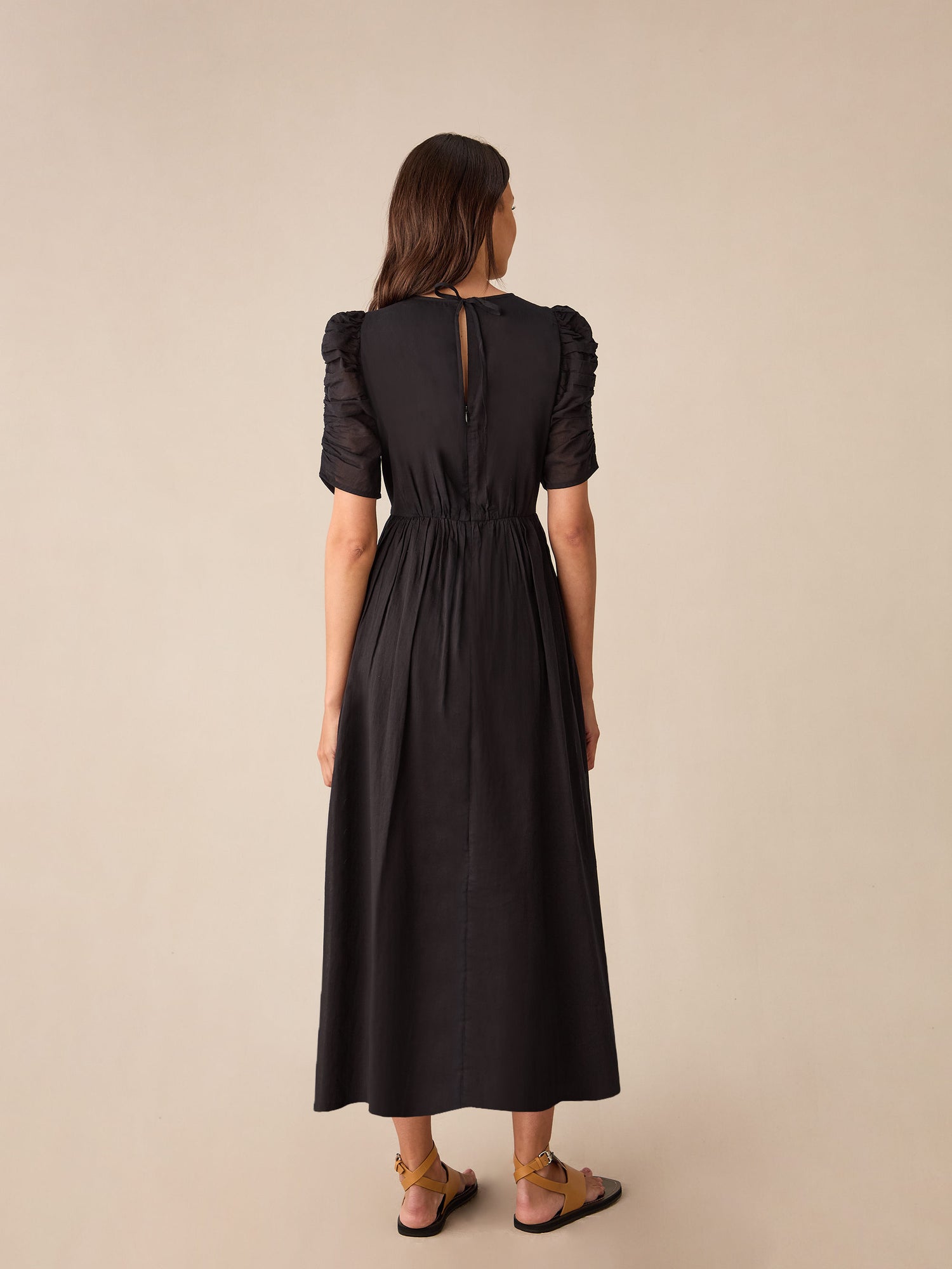 Black Cotton Puff Sleeve Midi Dress — gallery