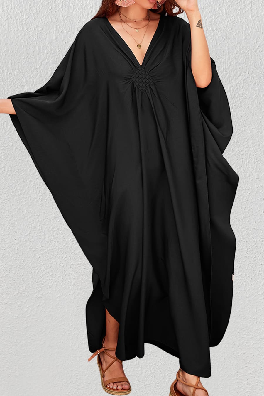 Batwing Ruched Kaftan Dress for Women — Beach Cover-Up