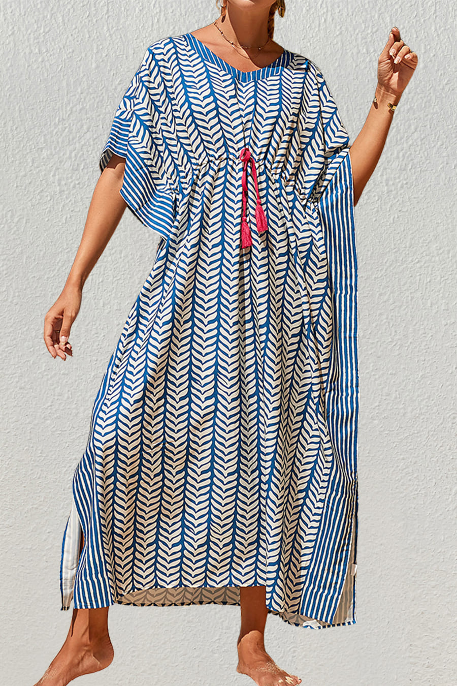 Blue Striped Short-Sleeve Beach Cover-Up for Women — Kaftan