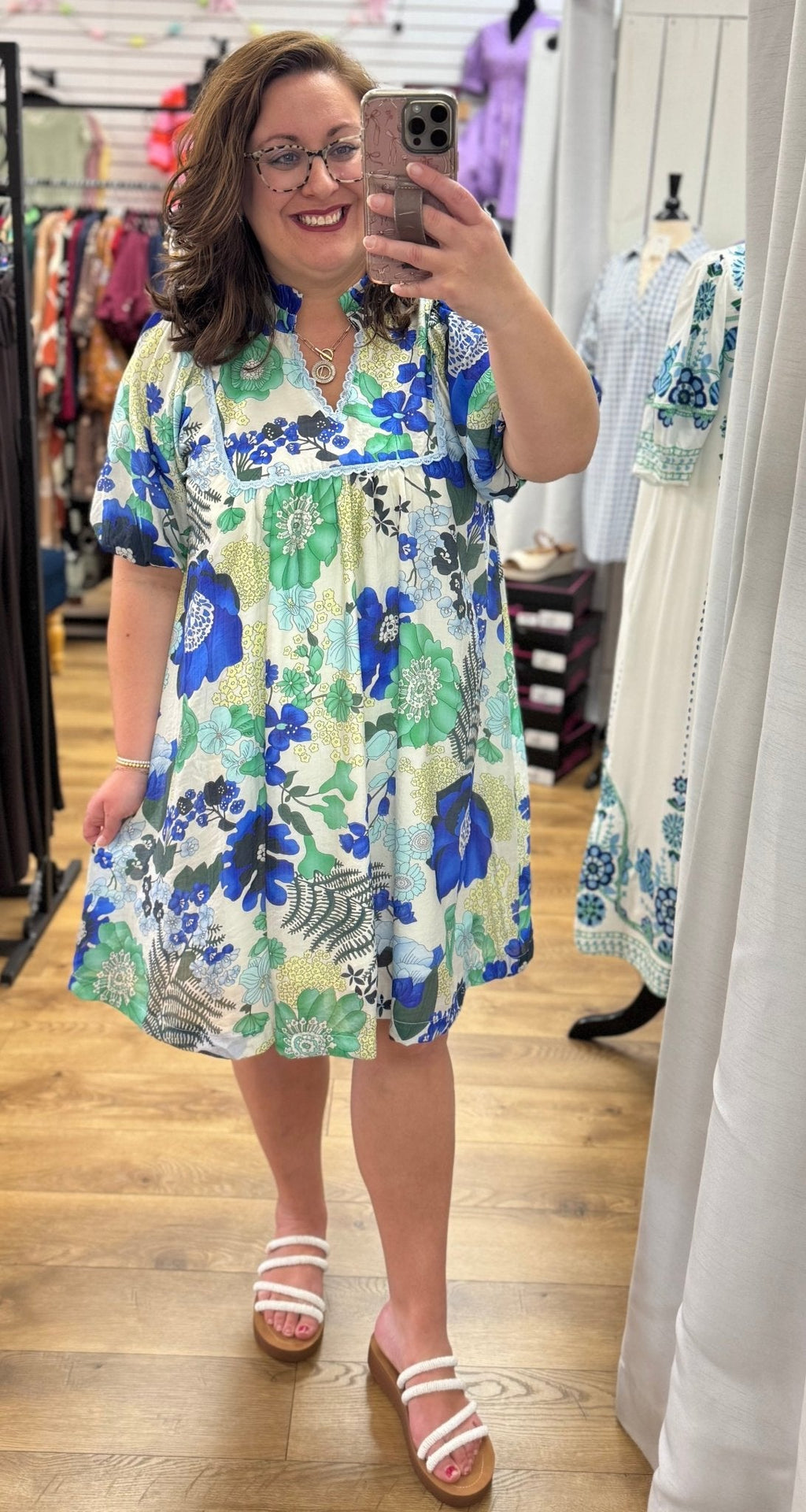 Blue Floral Babydoll Dress for Women — V-Neck Puff Sleeves - gallery