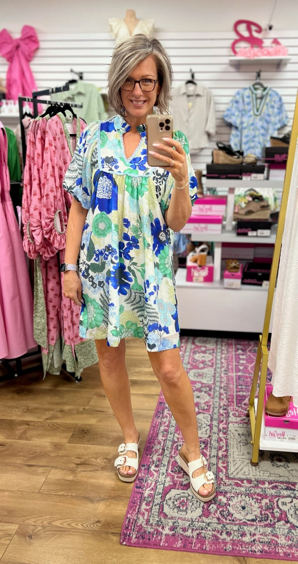 Blue Floral Babydoll Dress for Women — V-Neck Puff Sleeves