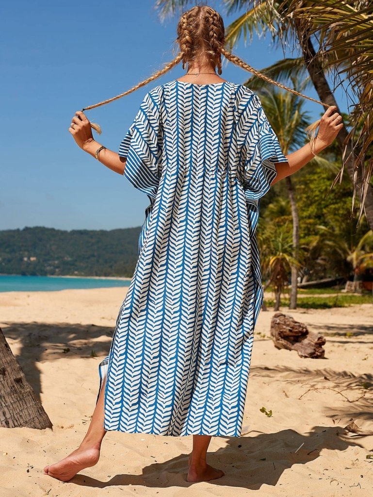 Blue Striped Short-Sleeve Beach Cover-Up for Women — Kaftan - gallery