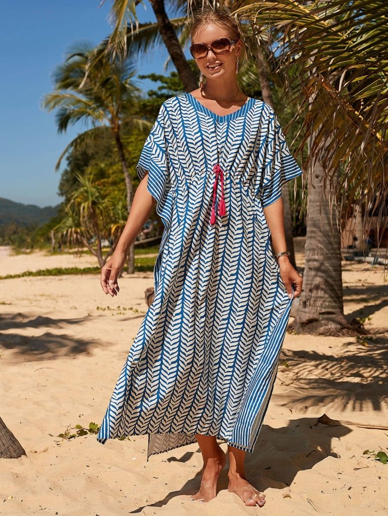 Blue Striped Short-Sleeve Beach Cover-Up for Women — Kaftan - gallery