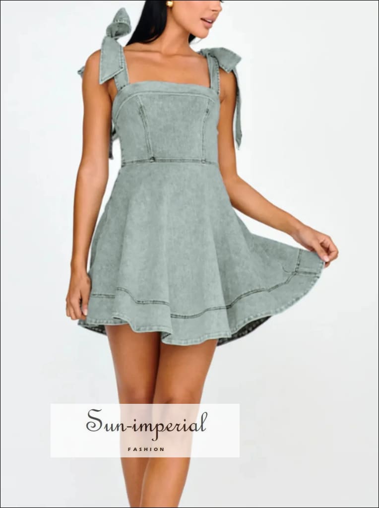Bow-Shoulder Square Neck Denim Mini Dress for Women - gallery