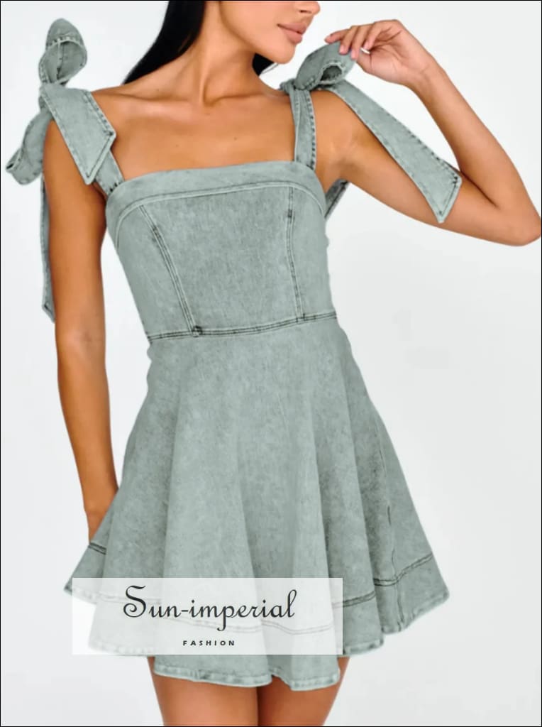 Bow-Shoulder Square Neck Denim Mini Dress for Women