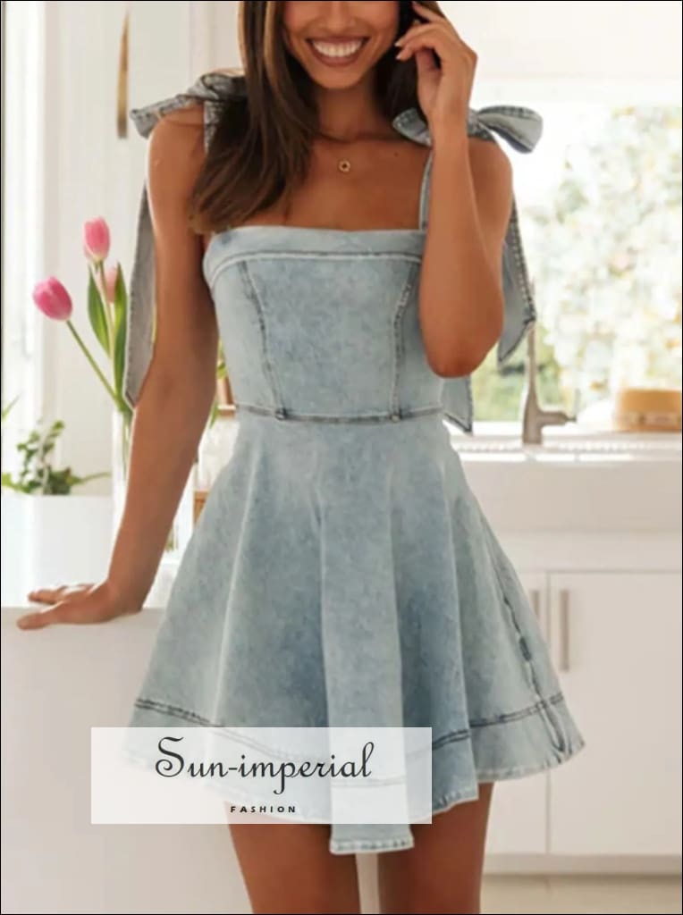 Bow-Shoulder Square Neck Denim Mini Dress for Women - gallery