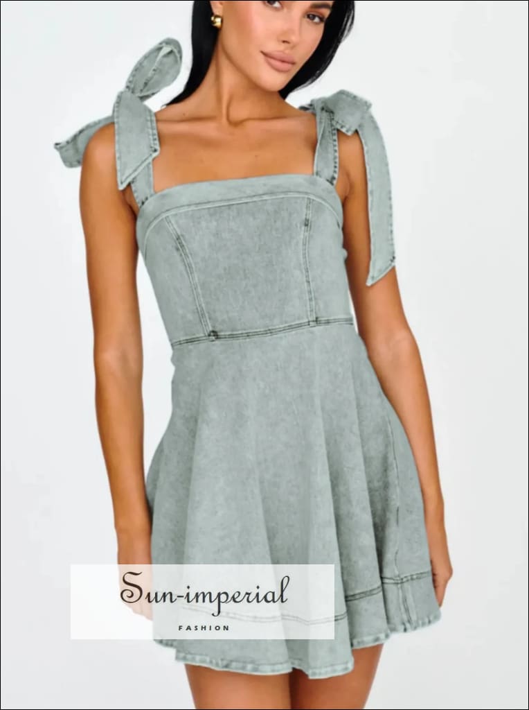 Bow-Shoulder Square Neck Denim Mini Dress for Women - gallery
