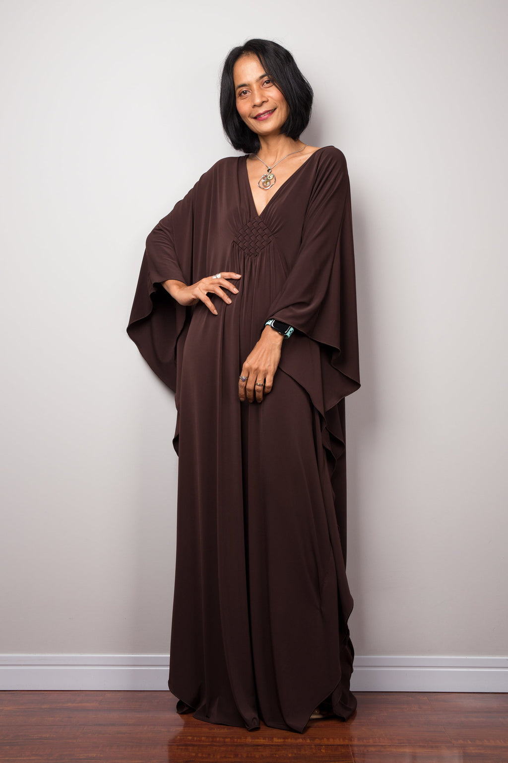 Earthy Brown Kaftan Maxi Dress for Women — Flowing Silhouette