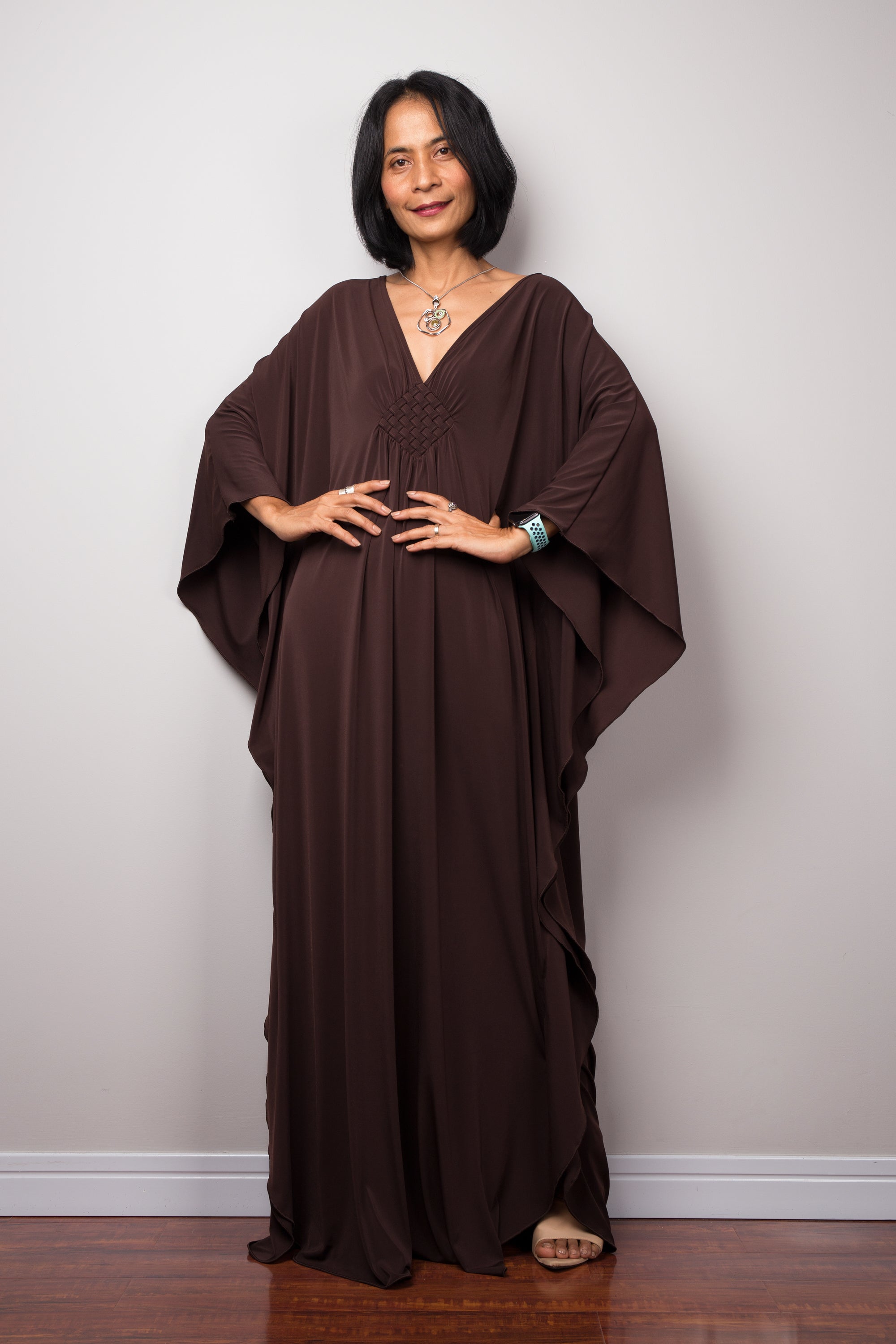 Earthy Brown Kaftan Maxi Dress for Women — Flowing Silhouette - gallery