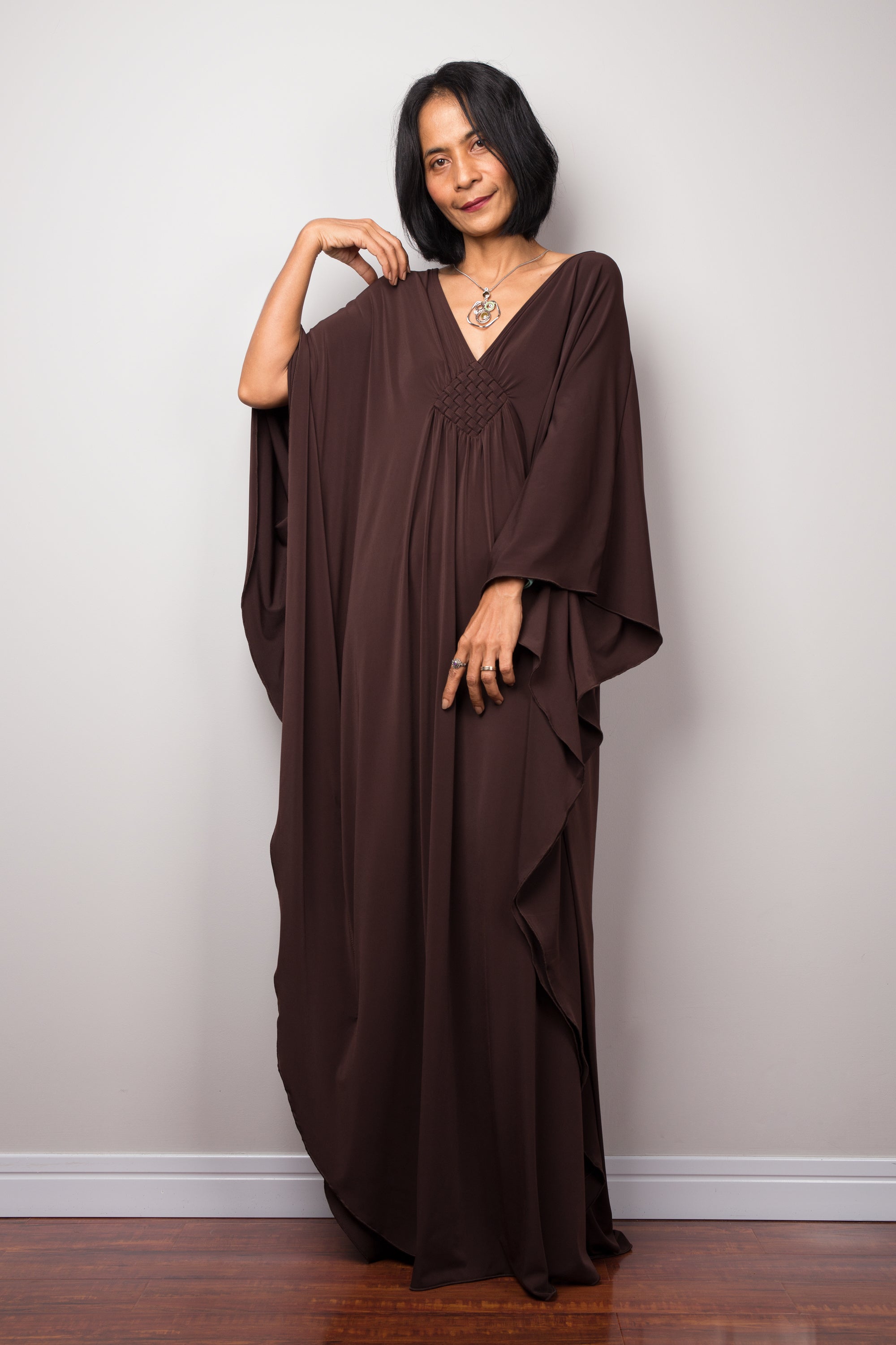 Earthy Brown Kaftan Maxi Dress for Women — Flowing Silhouette - gallery