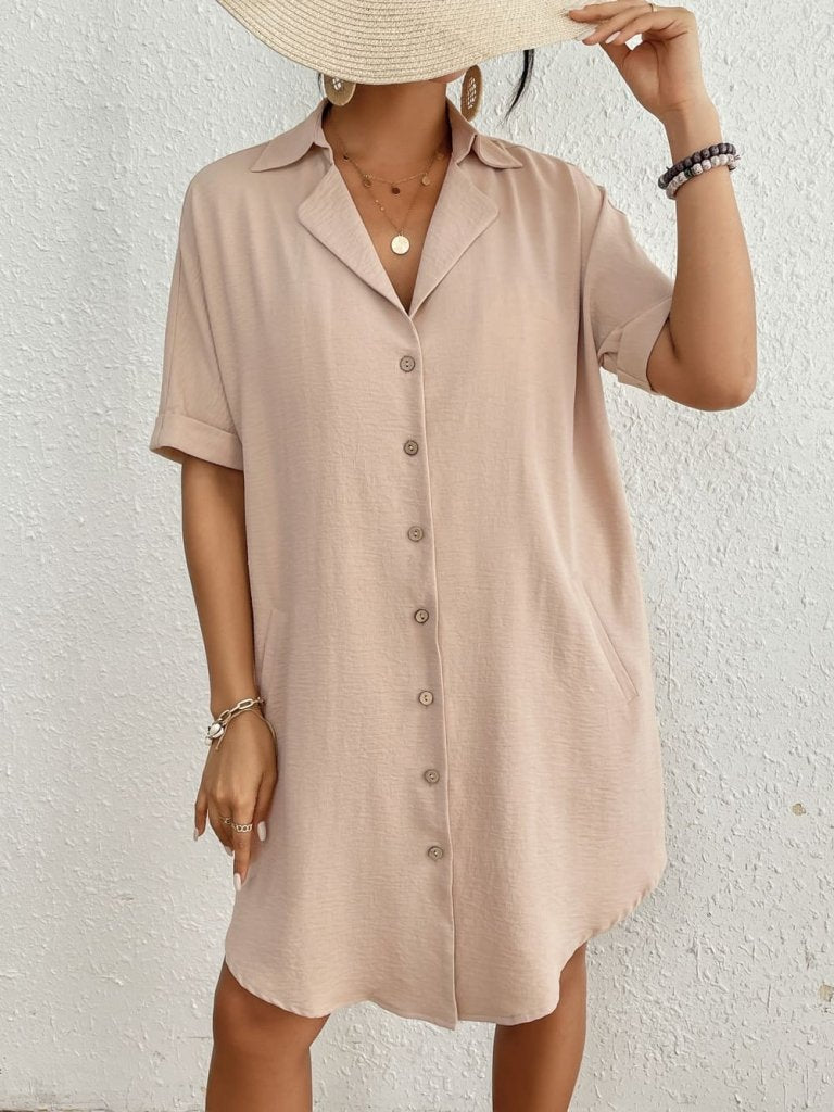 Button-Up Shirt Cover-Up for Women — Quarter Sleeve Beach Style - Apricot