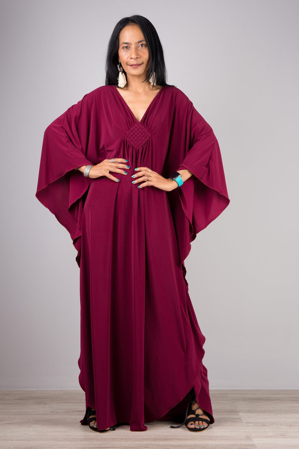 Rich Burgundy Kaftan Maxi Dress for Women — Flowing Elegance