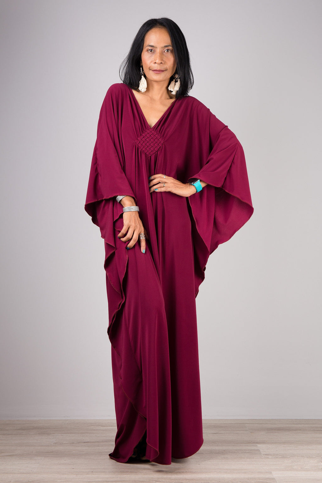 Rich Burgundy Kaftan Maxi Dress for Women — Flowing Elegance - gallery