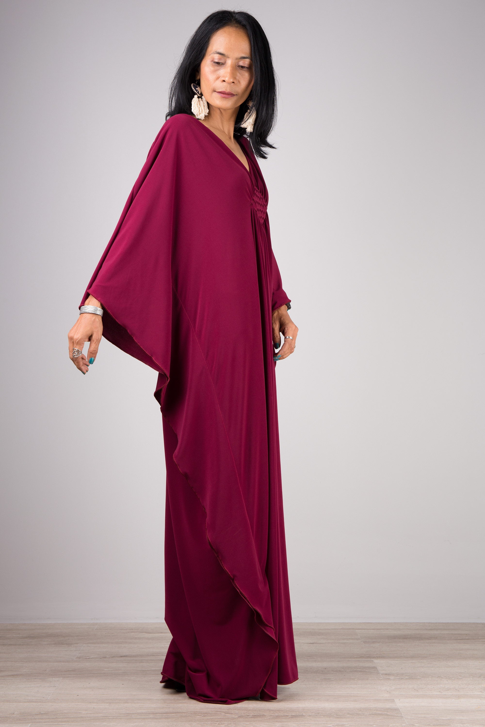 Rich Burgundy Kaftan Maxi Dress for Women — Flowing Elegance - gallery