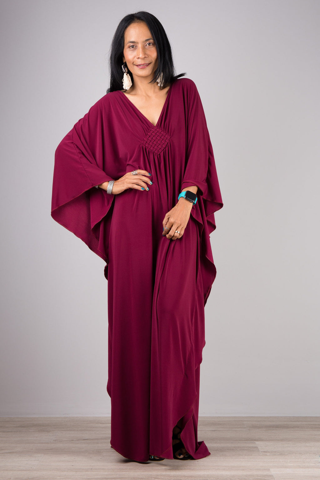 Rich Burgundy Kaftan Maxi Dress for Women — Flowing Elegance - gallery