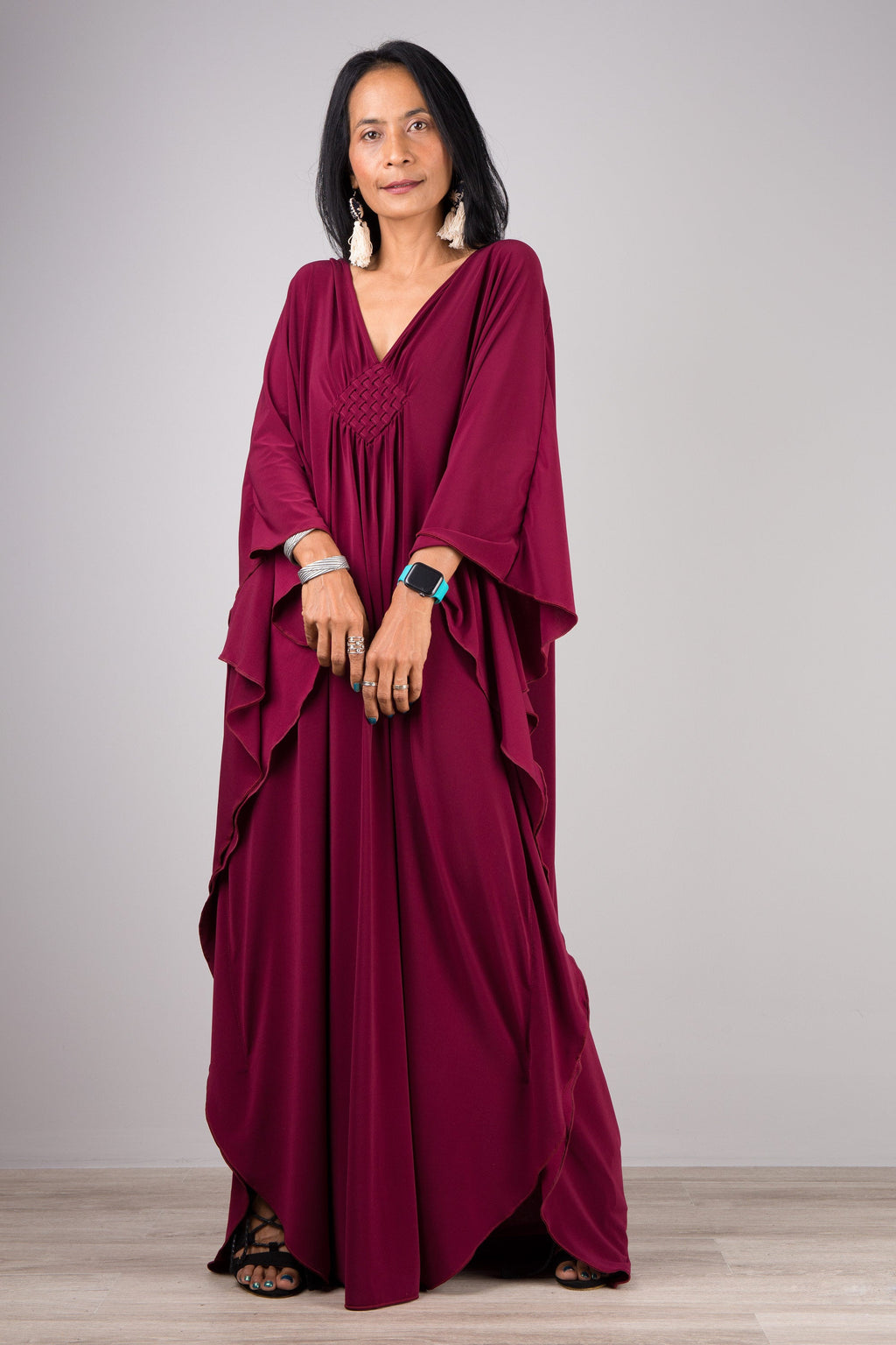 Rich Burgundy Kaftan Maxi Dress for Women — Flowing Elegance - gallery