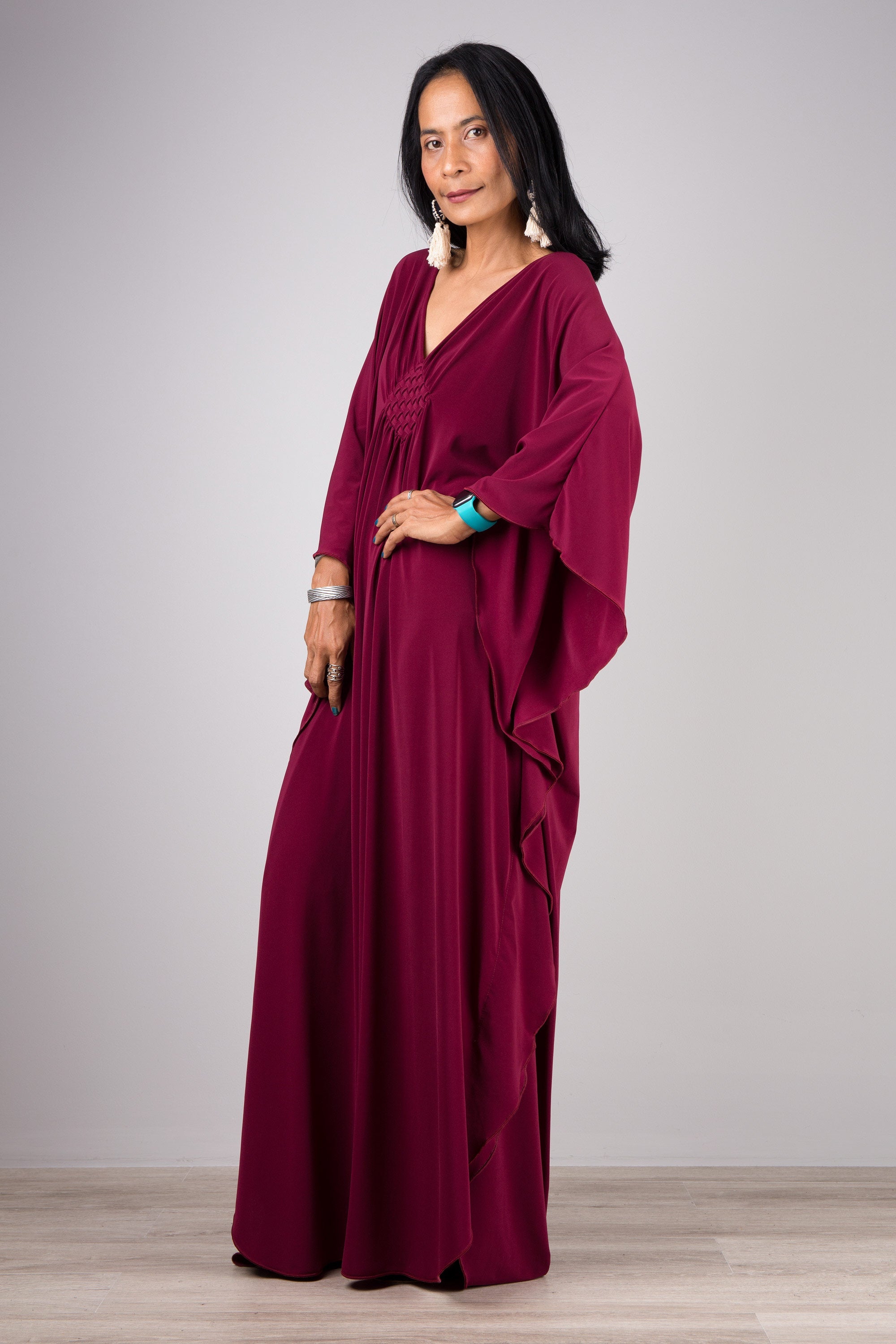 Rich Burgundy Kaftan Maxi Dress for Women — Flowing Elegance - gallery