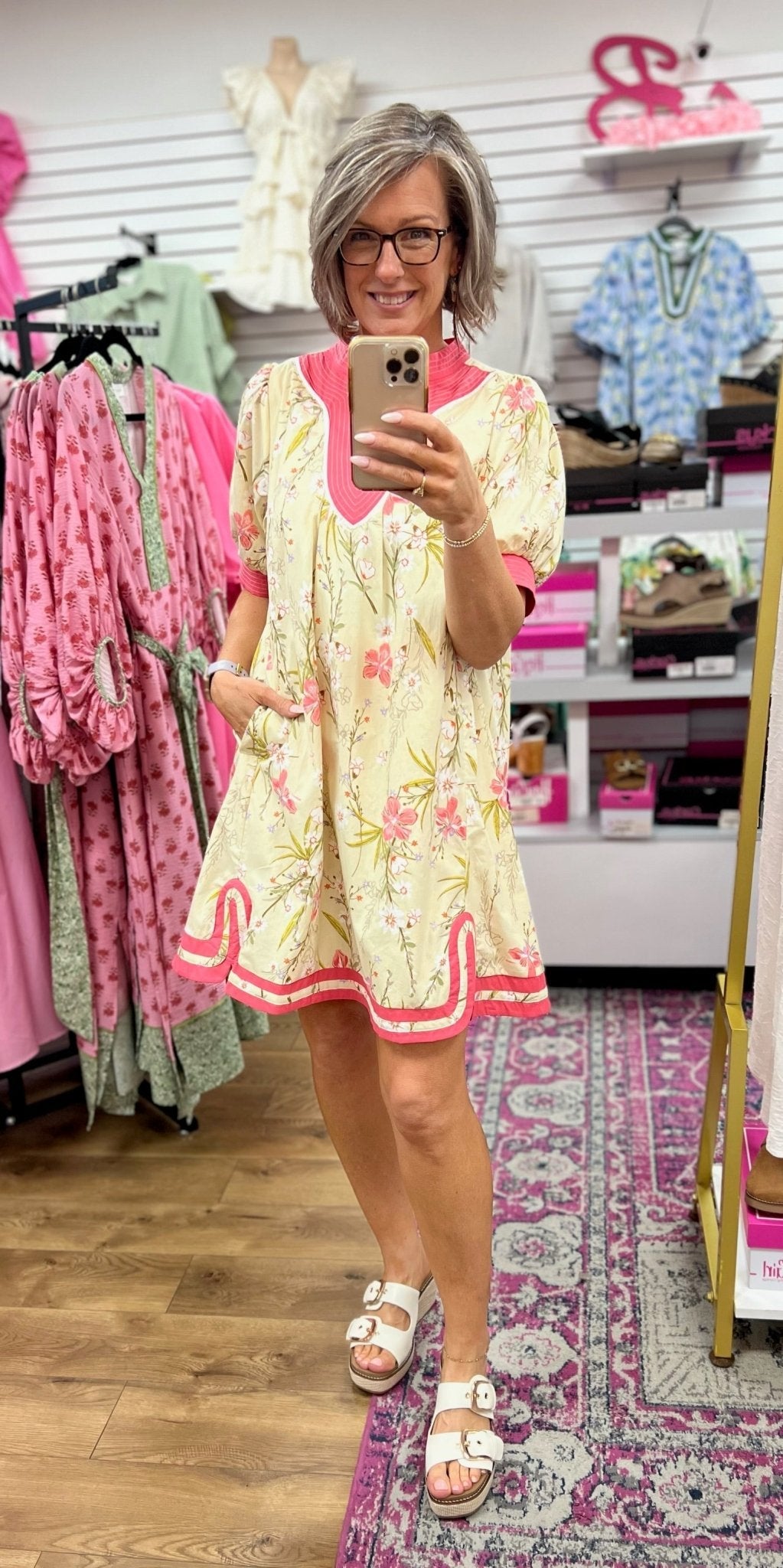 Butter Yellow Floral V-Neck Dress for Women — Pink Contrast Trim