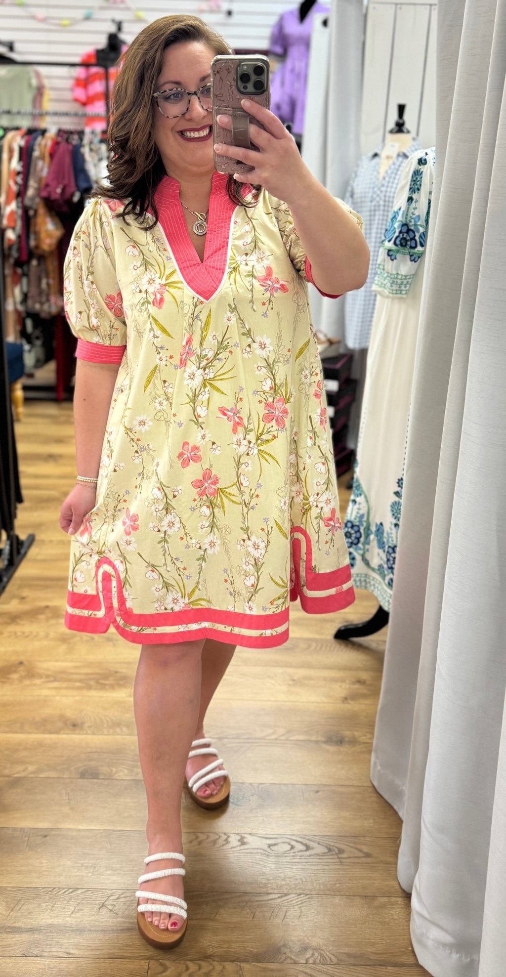 Butter Yellow Floral V-Neck Dress for Women — Pink Contrast Trim - gallery