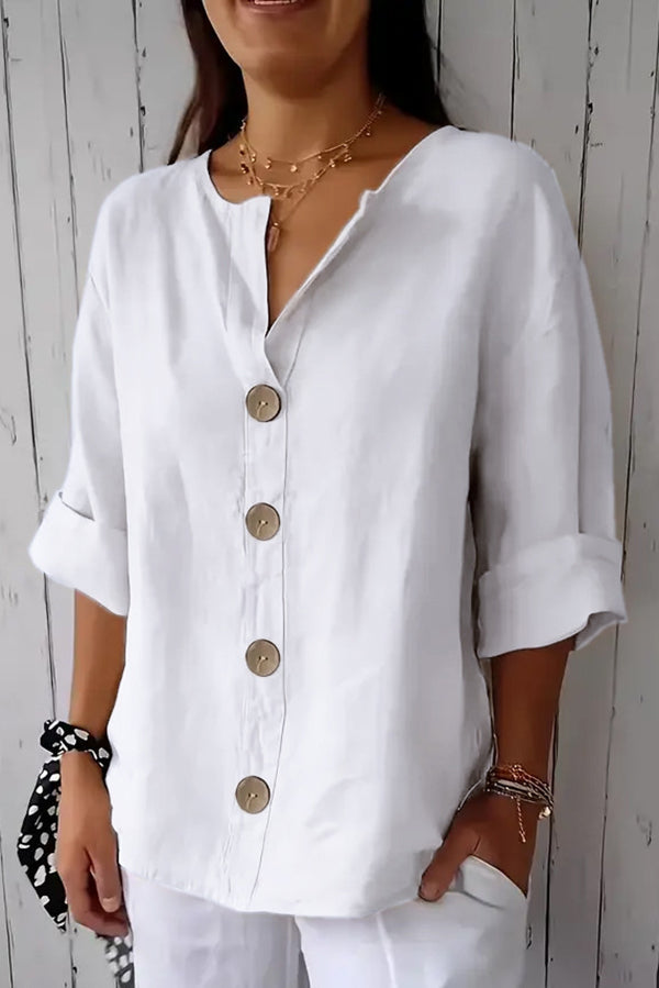 Solid Color V-Neck Loose Button Top for Women