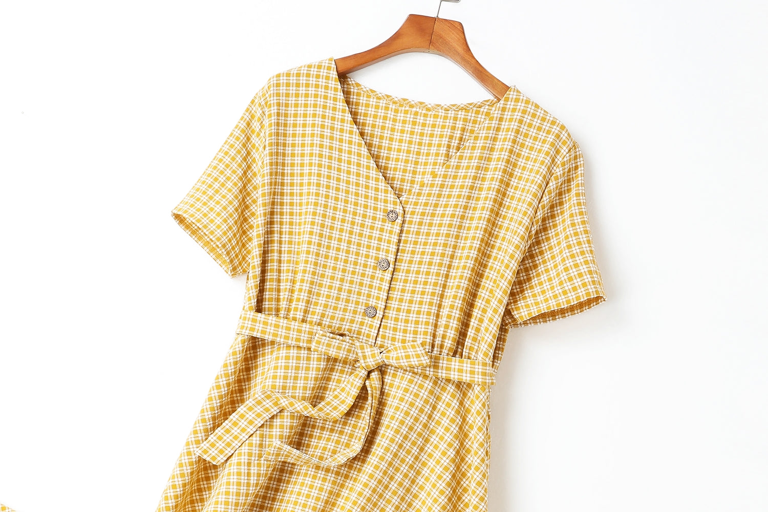 Catherine Plus Size Checks Print V Neck Buttons Waist Bow Tie Swing Shor... — gallery