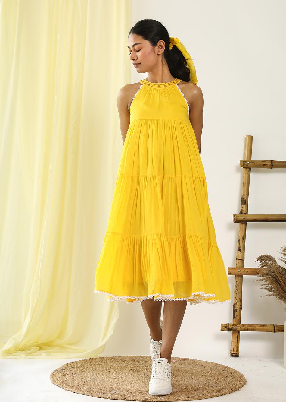 Yellow Halter Neck Tiered Mulmul Dress for Women - gallery