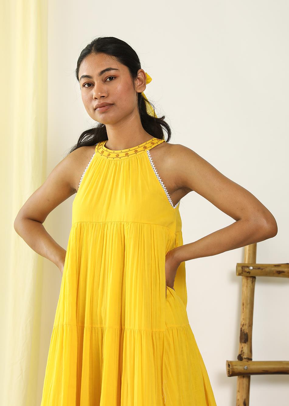 Yellow Halter Neck Tiered Mulmul Dress for Women