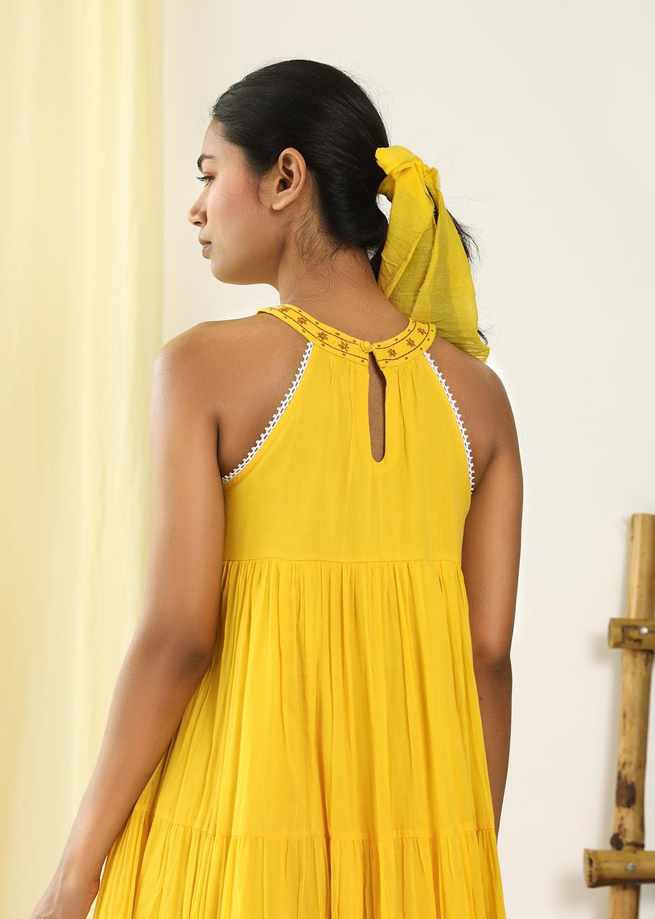 Yellow Halter Neck Tiered Mulmul Dress for Women - gallery